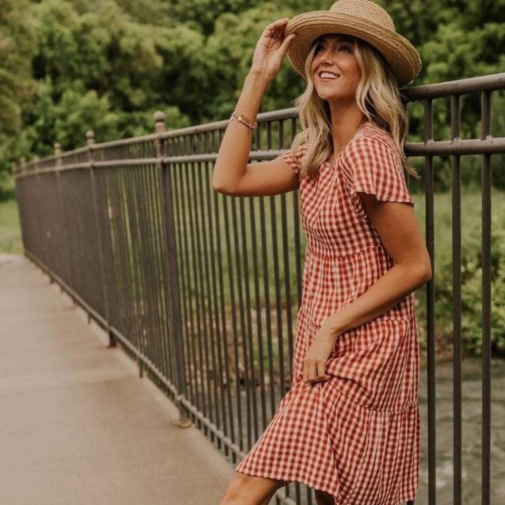 Roolee red and white gingham tiered midi dress